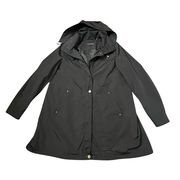 Via Spiga Black Raincoat Womens Size L Loose Fit Swing Lightweight Hooded Lined - Picture 2 of 11
